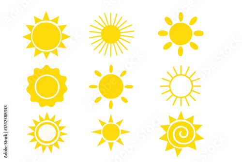 Bright yellow sun icons collection, vector illustration set, assorted sun symbols with transparent background for design, weather, summer, solar energy, nature concepts
