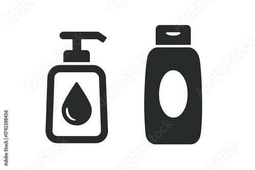 Liquid soap dispenser and shampoo bottle icon set isolated on white background. Vector illustration of hygiene and personal care containers for bathroom, shower, washing, cleaning.