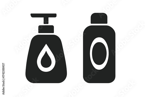 Black silhouette vector icons of liquid soap dispenser and shampoo bottle on white background, minimalistic hygiene and cosmetic container illustrations for personal care, shower and bath essentials