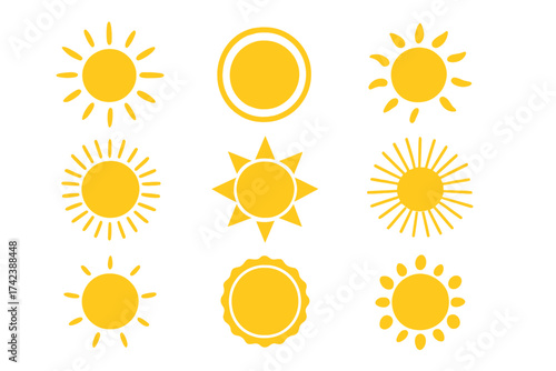Yellow sun icons collection, vector illustration set of bright sunny symbols with circular sun shapes, rays and background transparent design, summer design elements