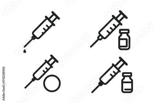 Syringe and vaccine injection icons set. Medical needle with drop, vaccine vial, injection healthcare vector illustration. Transparent background, ordered collection for medical and health design