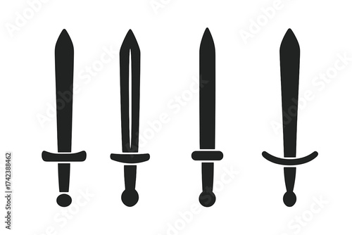 Medieval sword icons vector set isolated on white background, warrior battle weapon collection, simple black silhouette design, ancient knight blades, combat and defense equipment illustration