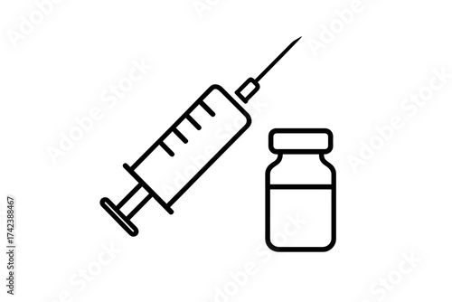 Syringe and Needle Vaccine Injection Icon Vector Illustration. Medical Syringe with Needle and Vaccine Vial. Healthcare, Immunization, Vaccination Concept. Transparent Background