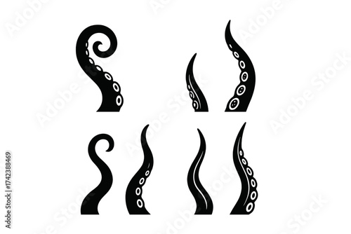 Set of black silhouette giant octopus and squid tentacles vector illustration, stylized marine creature arms, ocean underwater animal tentacle clipart with suction cups, isolated design elements