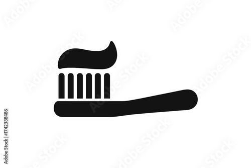 Black silhouette toothbrush with toothpaste vector illustration on transparent background, oral hygiene dental care icon, clean teeth healthcare symbol, personal care tool design