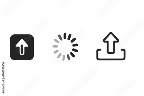 Upload icon set with upward arrows and loading symbol, vector illustration of upload buttons, minimalistic user interface icons, digital file transfer, technology symbols, transparent background