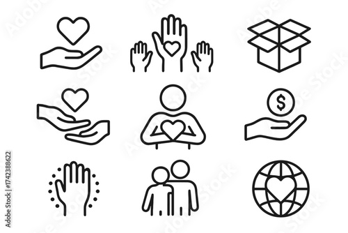 Volunteer and charity icons set, participation and giving concept, heart and hand symbols, donation, support, community care, help, love, sharing, humanitarian aid, generosity vector illustration