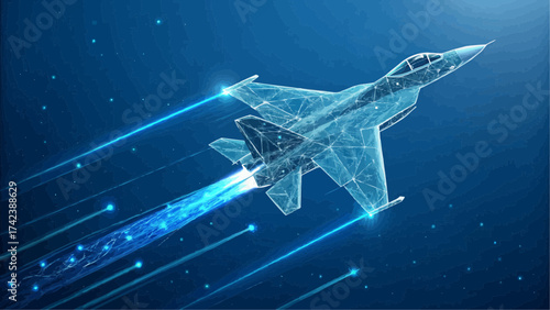 Digital rendering of a fighter jet flying with blue light trails against a dark blue background art piece