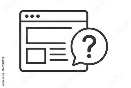 Website browser window with question mark icon, help and support concept, FAQ bubble symbol, user inquiry vector illustration, minimal design with transparent background