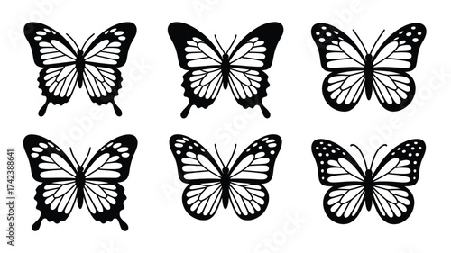 Set of various style black butterfly vector illustrations scalable eps icons for design elements silhouette White background