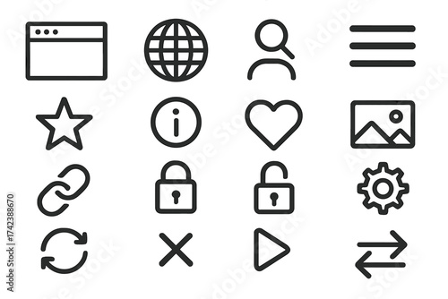 Minimalist web page icon set with internet navigation and user interface symbols, vector illustration with transparent background, including lock, play, search, and refresh icons