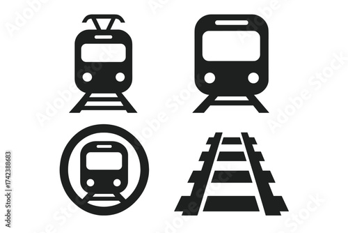Train Icon Set with Metro, Tram, Commuter Rail Symbols and Railway Tracks, Simple Flat Black Vector Graphics, Public Transportation, Rail Travel Design Elements