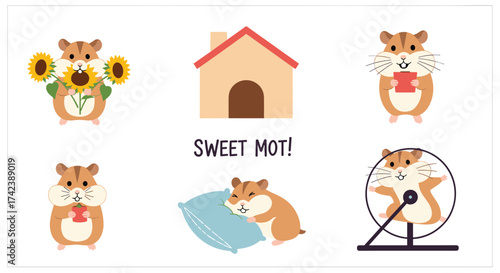 Cute hamsters in adorable everyday situations showcasing their playful and sleepy nature.