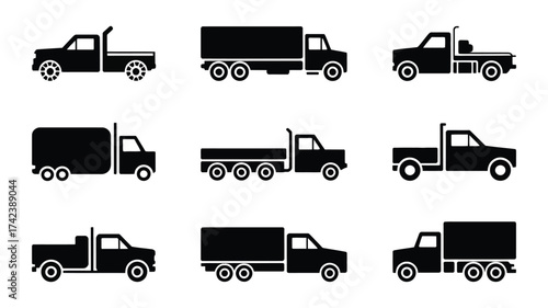 Set of various black truck icons vector illustration scalable eps graphic elements for design projects silhouette White background