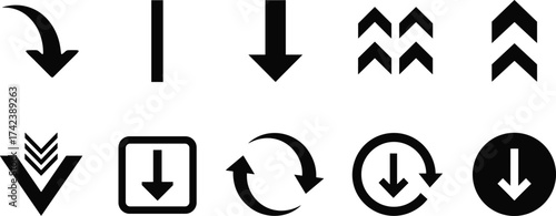 Arrow vector icons, directional symbols, downward motion graphics, UI navigation elements, black outline arrows, digital interface design set
