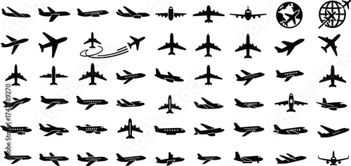 Airplane icon set, flight silhouettes, aviation symbols, commercial and military aircraft, global travel graphics, black vector, UI design elements