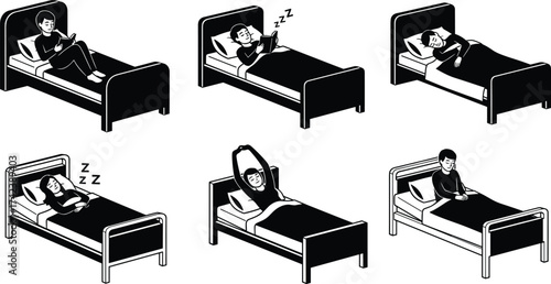 Bedtime routine silhouette vector set, person sleeping and waking icons, black sleep clipart, daily habit illustration, health design pack