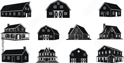 Barn and house silhouette, building icon set, architectural vector, rural structure design, black illustration, farmhouse shapes, residential graphic elements
