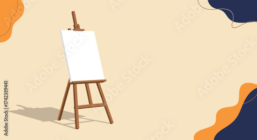 An empty canvas sits on a wooden easel ready for artistic creation on a light beige background with abstract shapes.