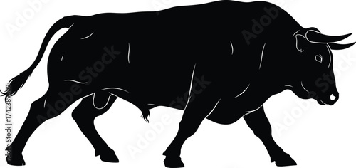 Bull silhouette vector, walking bull icon, strong animal graphic, black muscular bull, financial symbol, power illustration, side view design