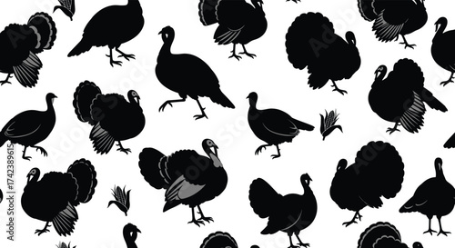 A Repeating Pattern of Black Turkey Silhouettes on a White Background.
