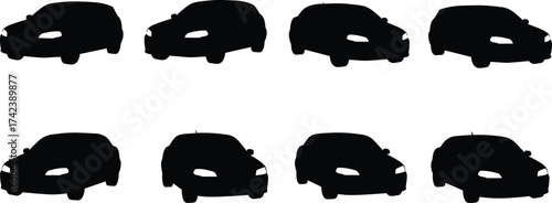 Car silhouette vector set, black vehicle icons, side view car graphics, automotive clipart, transport design, minimalist car illustration