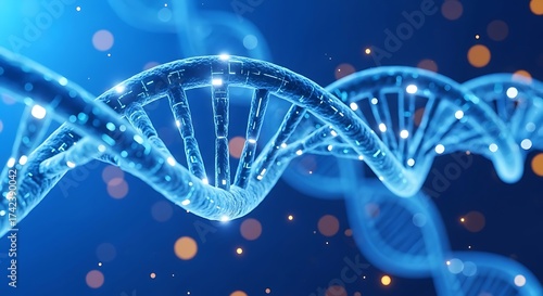 Closeup of a dna molecule structure with glowing particles on a blue background