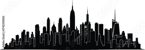 City skyline silhouette, urban architecture, black outline buildings, metropolitan view, skyscraper shapes, New York inspired, minimal design, vector illustration, modern cityscape
