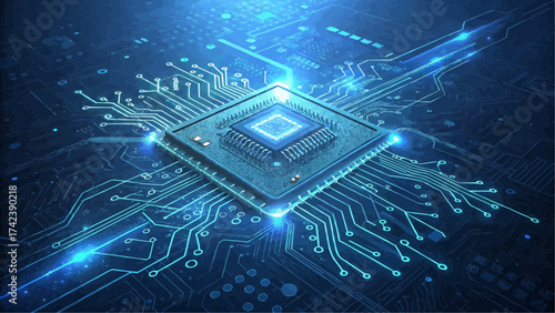 A close up of a blue circuit board with a central processor and glowing trace lines showing data flow