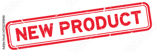 Red stamp declaring new product with distressed texture