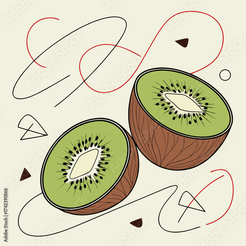 Illustration of two kiwi fruit halves with abstract shapes and lines