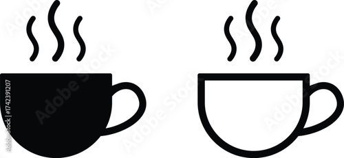 Black and white outline icon of a steaming coffee cup, isolated on white background