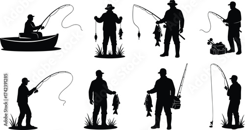 Fishing silhouette vector set, people catching fish, outdoor activity icons, black fisherman clipart, hobby illustration, nature sport design collection