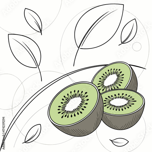Illustration of three kiwi fruit halves with leaves