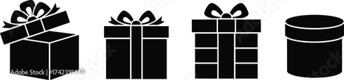 Gift box silhouettes, open and closed designs, ribbon bows, packaging icons, holiday present shapes, black background, festive container illustration
