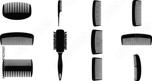 Hair comb vector set, round brush illustration, grooming tool icons, black silhouette combs, styling accessories, hair care graphic design