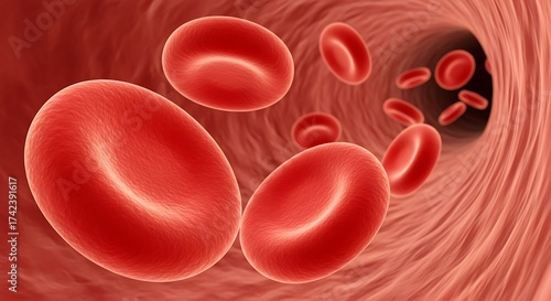 Red blood cell flowing through artery, vein, or capillary in the circulatory system