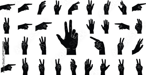 Hand gesture silhouette vector set, black communication icons, finger sign clipart, expressive hand design, nonverbal symbol illustration pack