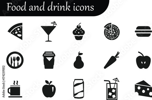 Flat Food and Drink Icon Collection with Coffee, Pizza, Fruits, Desserts, and Beverages for Modern Graphic Design