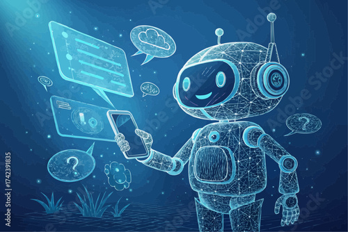 Digital robot interacts with mobile device amid speech bubbles in a futuristic blue landscape art