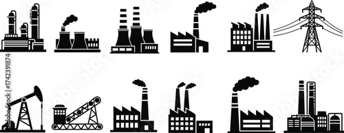 Industrial plant, energy facility, power station, oil pumpjack, mining rig, electricity tower, factory silhouette, black icon, infrastructure, vector illustration