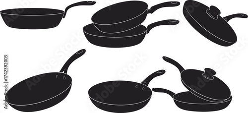 PrintSet of black frying pans and cooking skillets with handles and lids, kitchen cookware collection, nonstick utensils, isolated vector illustration