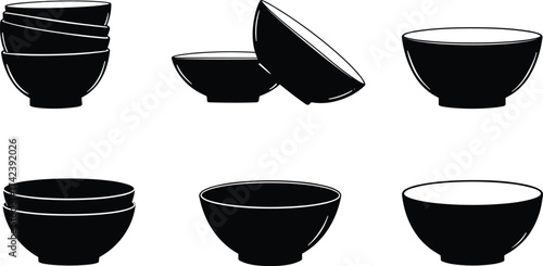 PrintSet of black ceramic bowl silhouettes, modern kitchen utensil icons, minimalist food dish vector collection for cooking and dining design