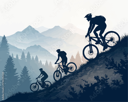 Mountain bikers silhouetted against a misty mountain landscape with evergreen trees and grassy terrain