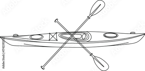 Kayak, paddles, crossed, vector, illustration, watercraft, top, view, line, drawing, boat, gear, outdoor, sport, equipment, adventure, graphic, minimal, stock, design