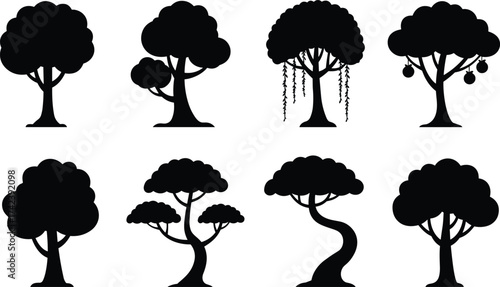 PrintSet of unique black tree silhouettes, isolated vector illustration of different tree shapes, natural forest elements, eco design, landscape decoration