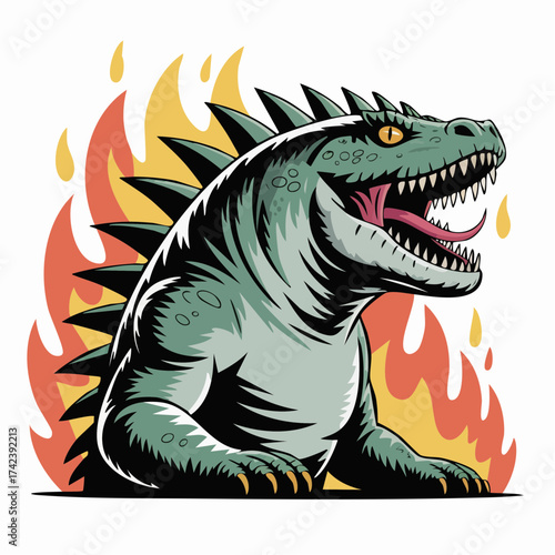 Fierce Green Lizard Monster with Spikes and Open Mouth.
