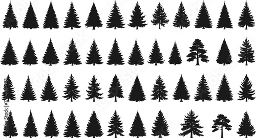 PrintSilhouette collection of pine trees, evergreen forest trees, Christmas tree icons, black vector design, isolated nature elements, woodland illustration set