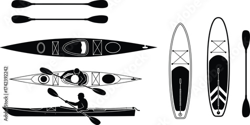 Kayak, paddles, vector, illustration, top, side, view, person, watercraft, gear, sport, outdoor, design, sketch, minimal, equipment, graphic, black, white, stock