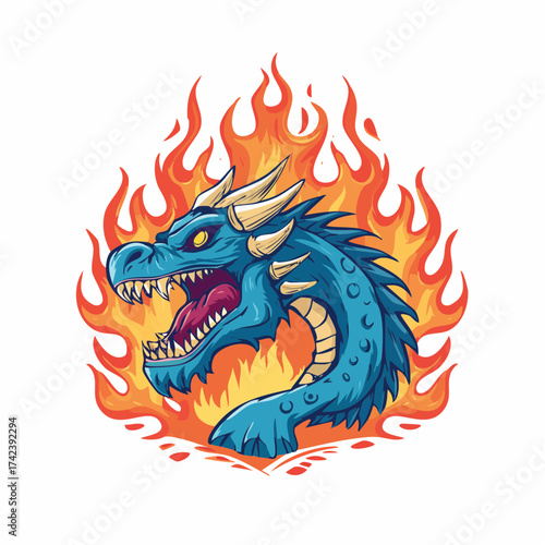 Wallpaper Mural Fierce Blue Dragon Head with Fiery Mane Illustration. Torontodigital.ca